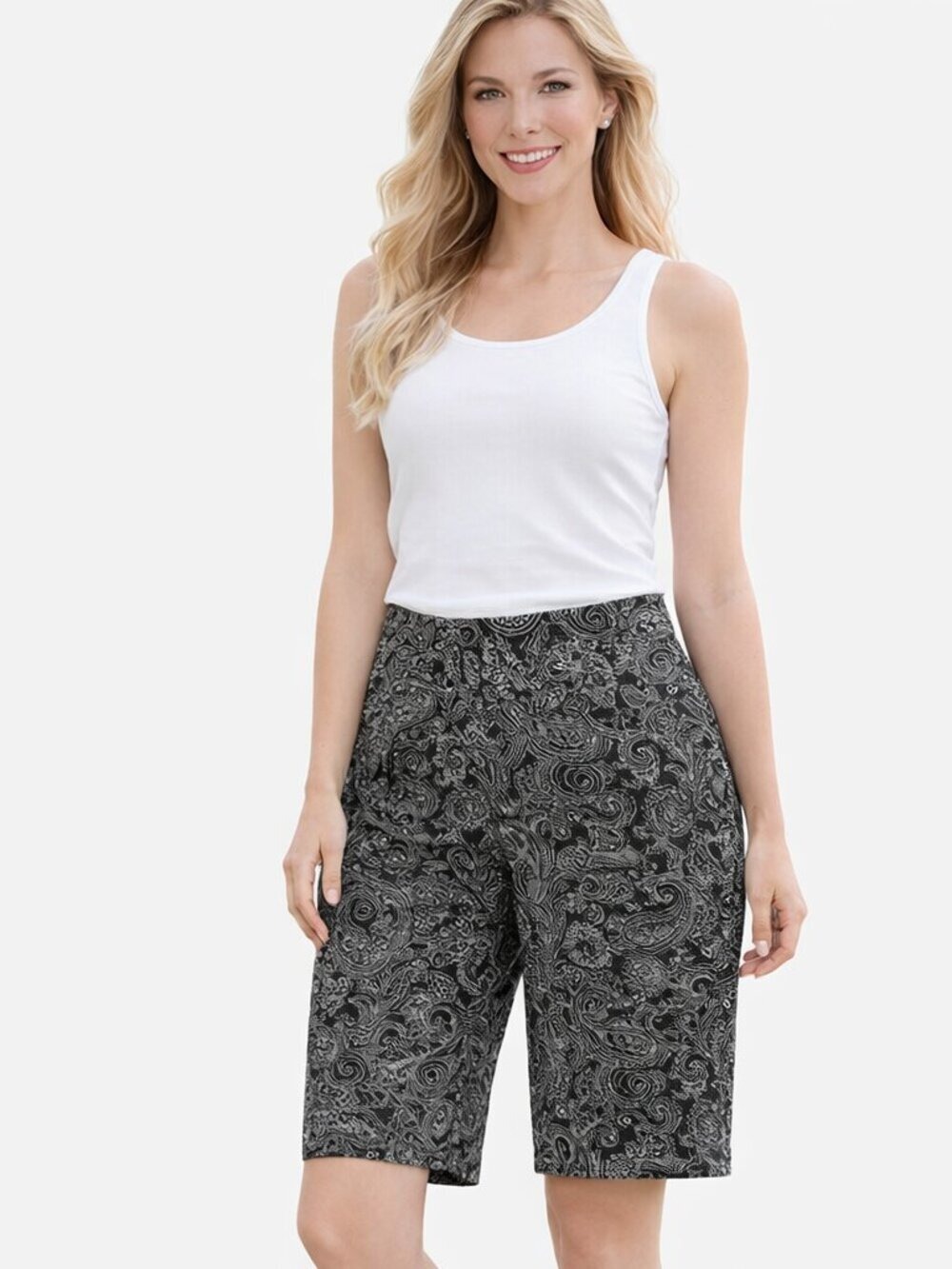 Rafaella Comfort Black White Paisley Bermuda Shorts Size 14